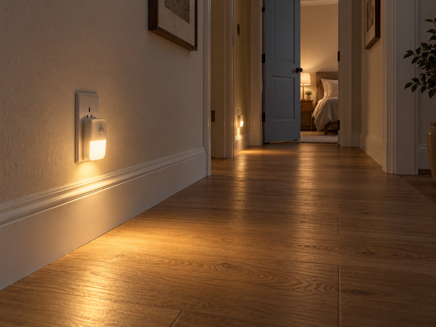 A plug-in night light lighting the floor of a hallway at night, with a second light further along toward the bedroom.