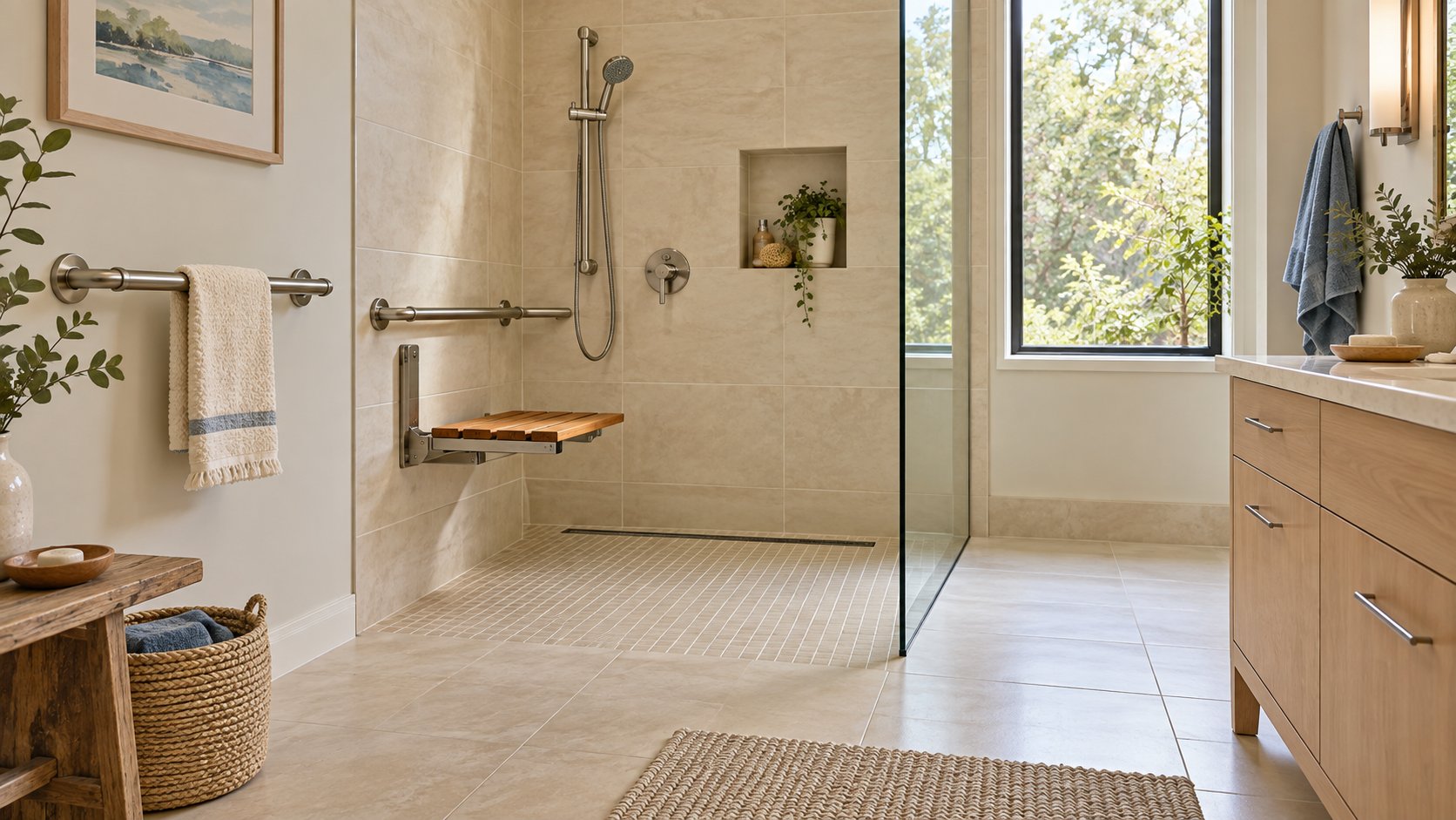 A curbless shower with a fold-down teak seat, a grab bar and a linear drain in a bright, tiled bathroom.