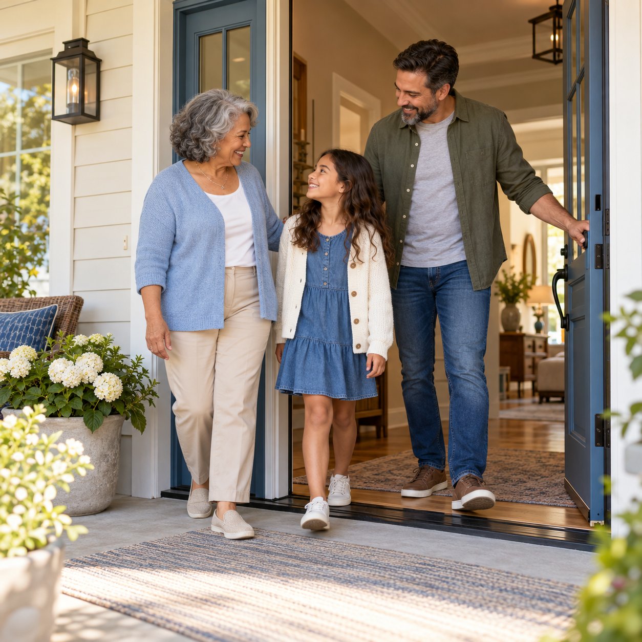 Three generations of a family stepping out through a wide front door with no step at the threshold. A dashed circle marks the 60-inch turning circle a wheelchair needs.