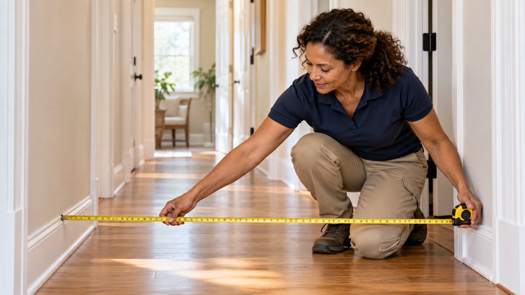 A home specialist kneeling in a hallway, measuring the width between the door casings with a tape measure.