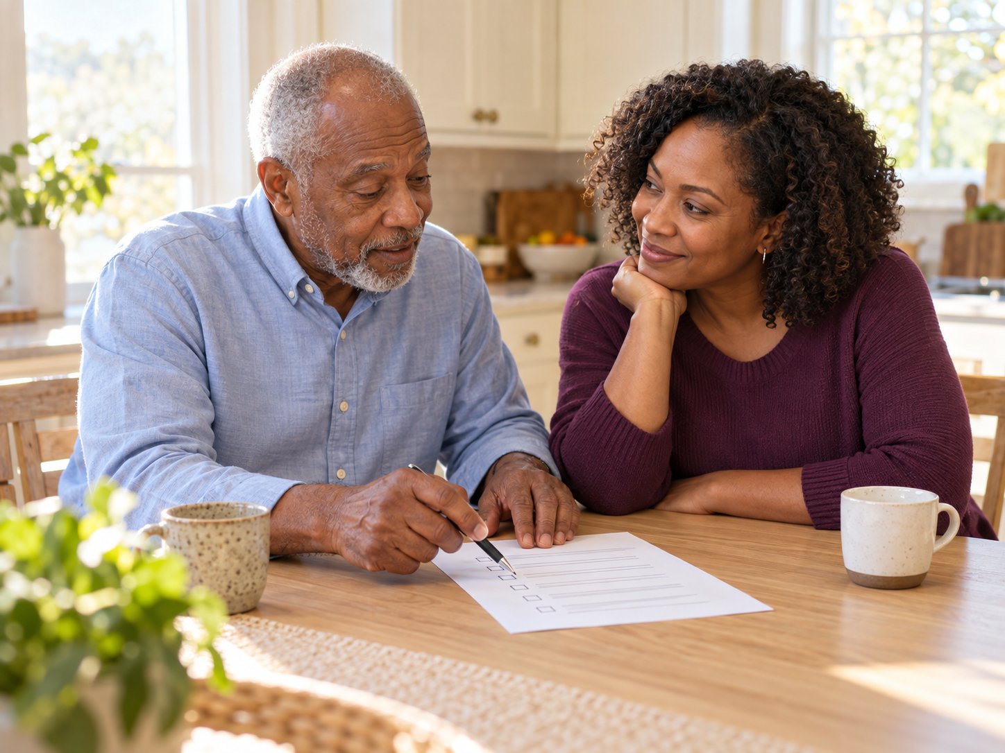 An older man and his daughter at a kitchen table, working through a home safety checklist together.